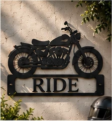 Motorcycle sign mounted on a warm exterior wall