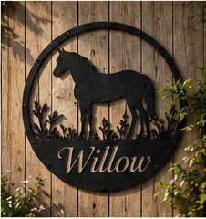 Personalised horse sign mounted on timber with greenery