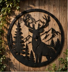 Stag woodland sign mounted on timber with greenery